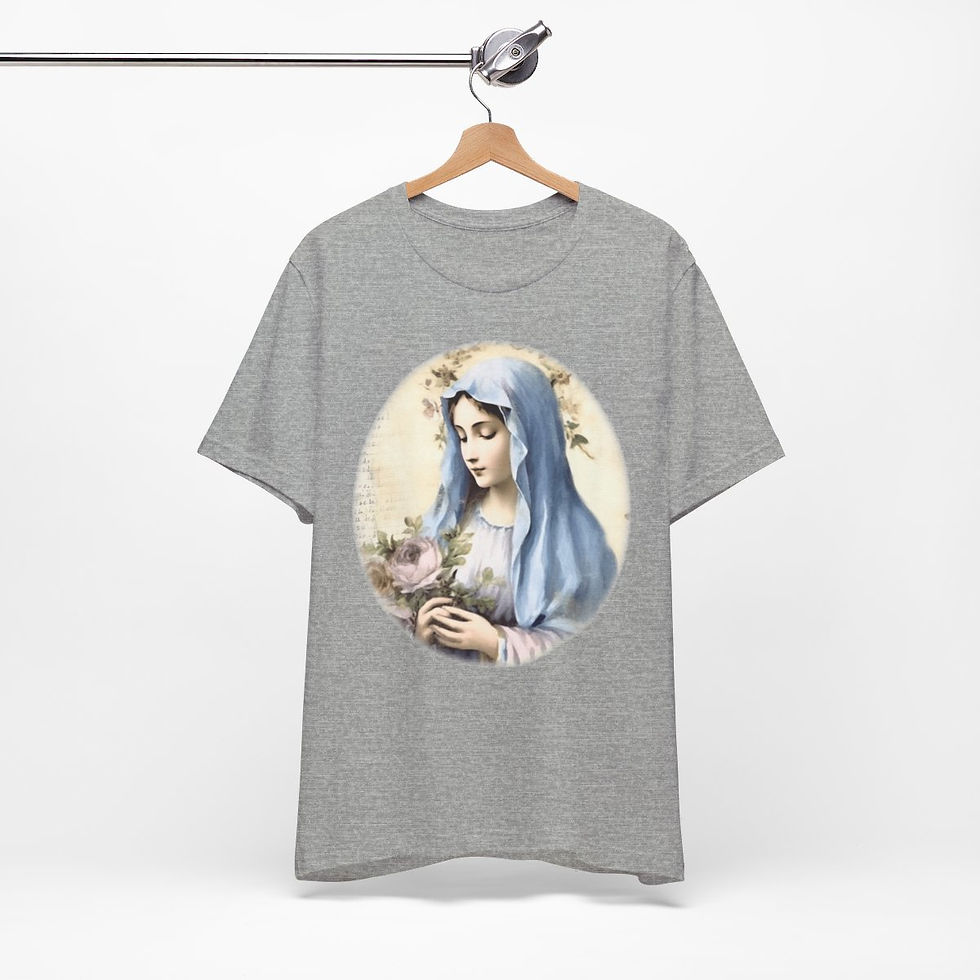 Thumbnail: Virgin Mary T-Shirt Pink Rose Shabby Chic Ave Maria Art Tee Catholic Faith Gift