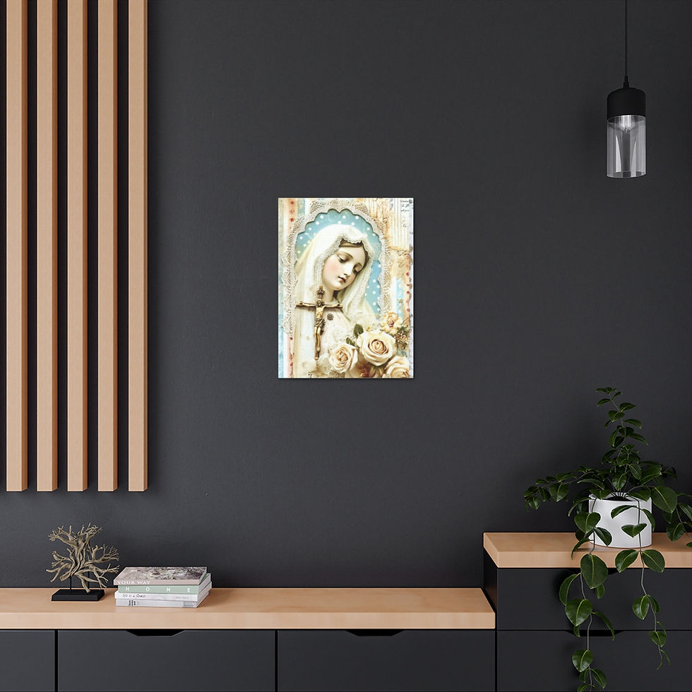 Thumbnail: Shabby Virgin Mary Canvas Art French Crucifix Wall Decor Pastel Blue White Roses