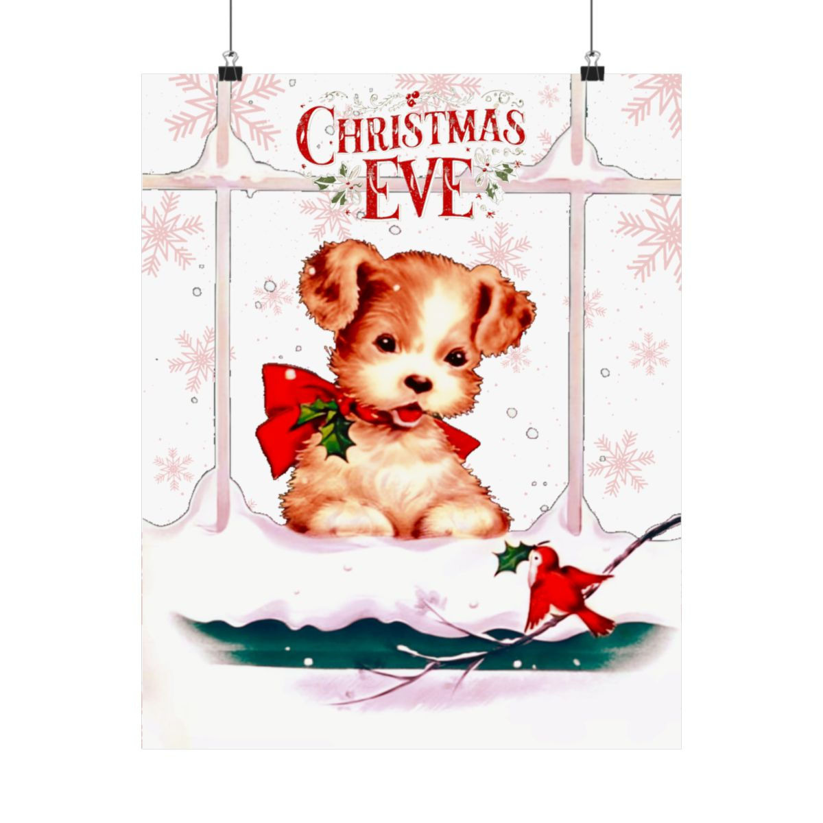 Retro Snowy Christmas Art Print Vintage Dog Bird Holiday Wall Hanging Home Decor