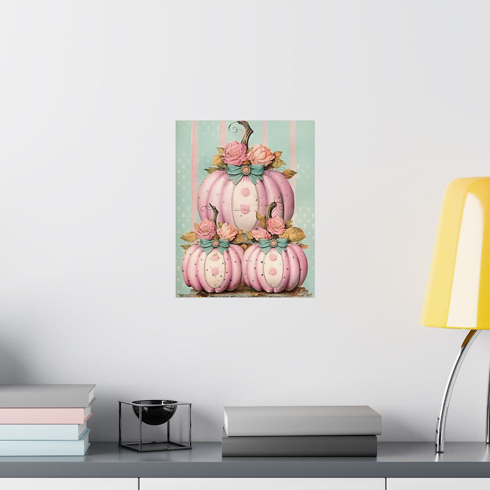 Thumbnail: Shabby Fall Art Print Pastel Pink Pumpkins Giclee Wall Art Vintage Halloween 