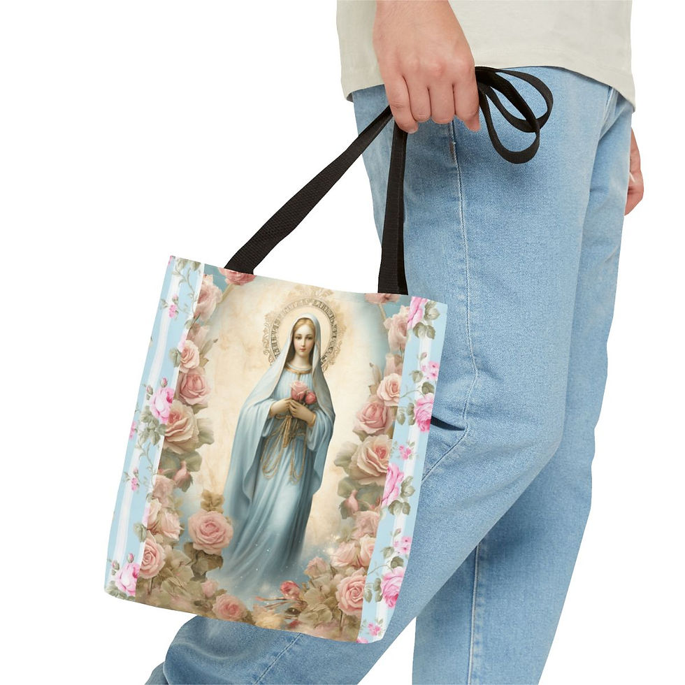 Thumbnail: Artistic Shabby Virgin Mary Tote Bag Pastel Blue Pink Roses Serene Catholic Gift