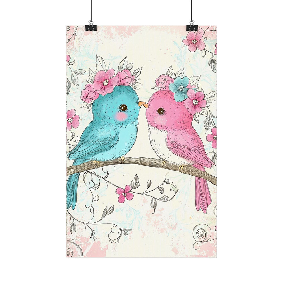 Thumbnail: Love Birds Watercolor Art Print Shabby French Country Decor Pastel Pink & Blue