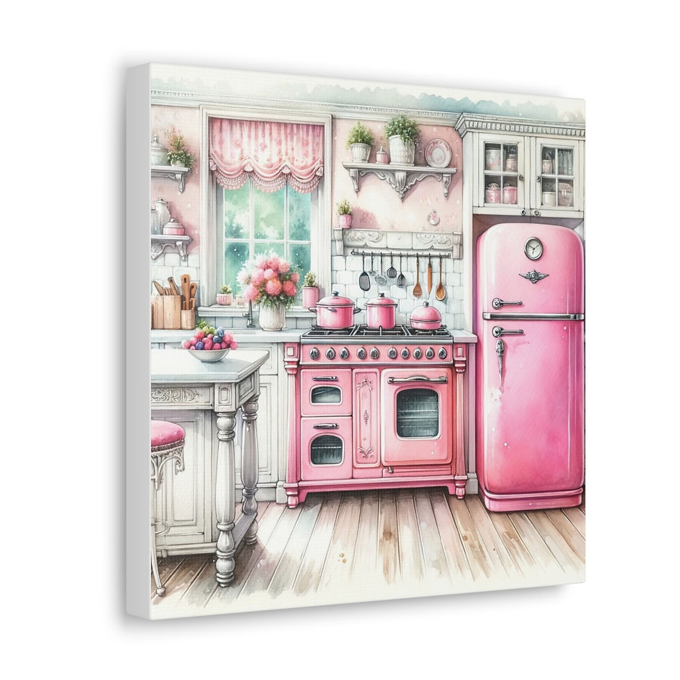 Thumbnail: Pink Retro Kitchen Art Shabby Cottage Farmhouse Kitchen Art Canvas Wall decor