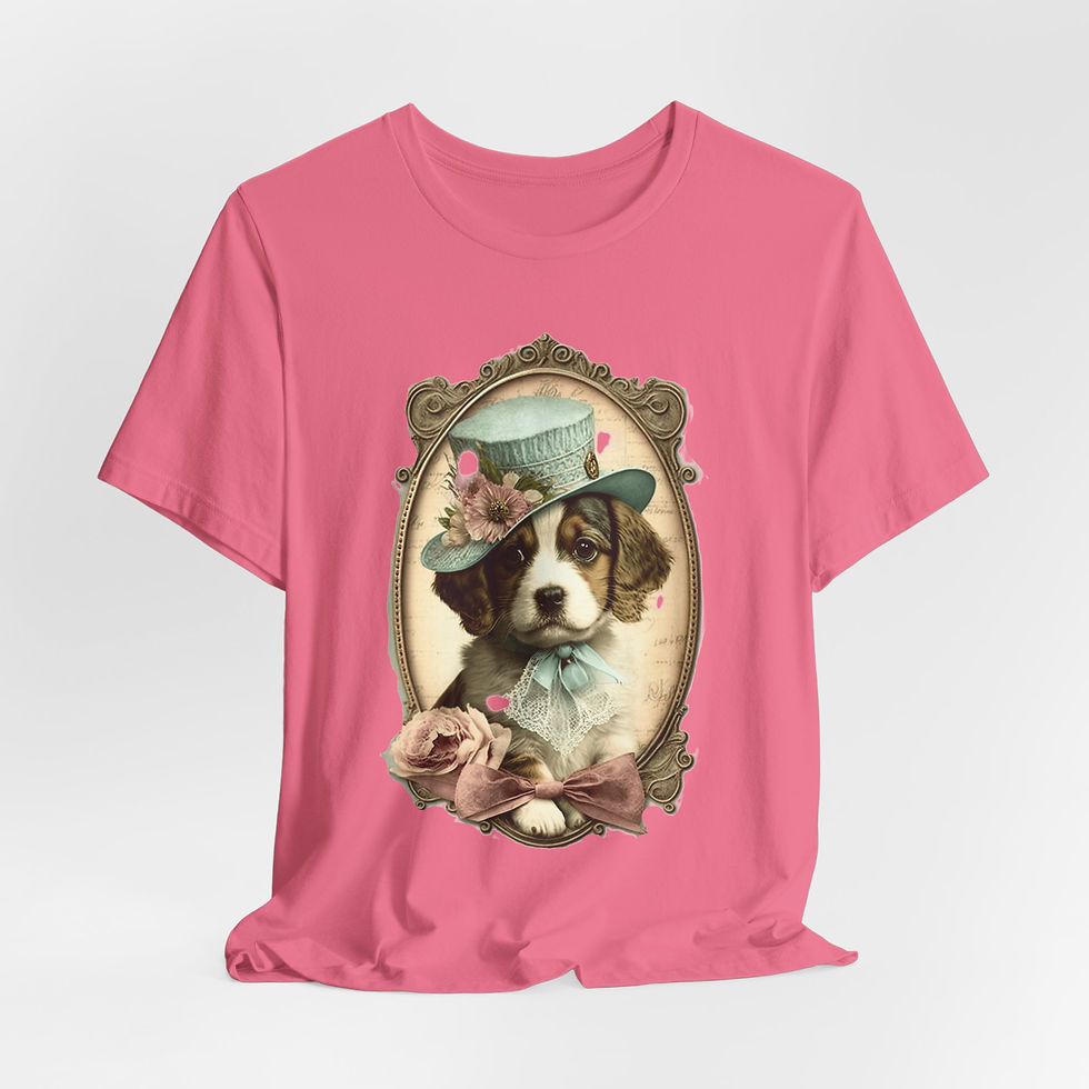 Thumbnail: Victorian Dog T-Shirt Shabby Dog in Hat Pink Roses Artistic Gift Dog Lover Tee