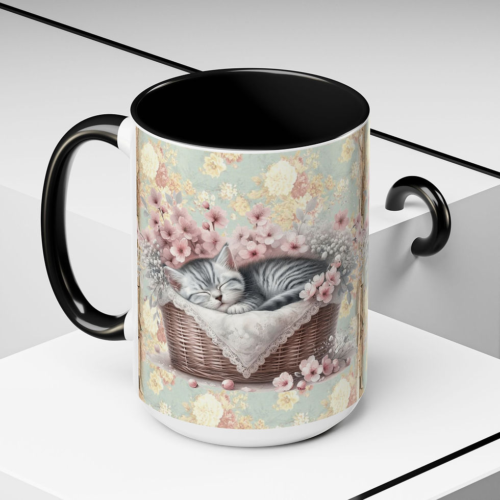 Thumbnail: Shabby Cat Lover Coffee Mug Sleeping Kitten Pink Flowers Chic Artistic Gift 