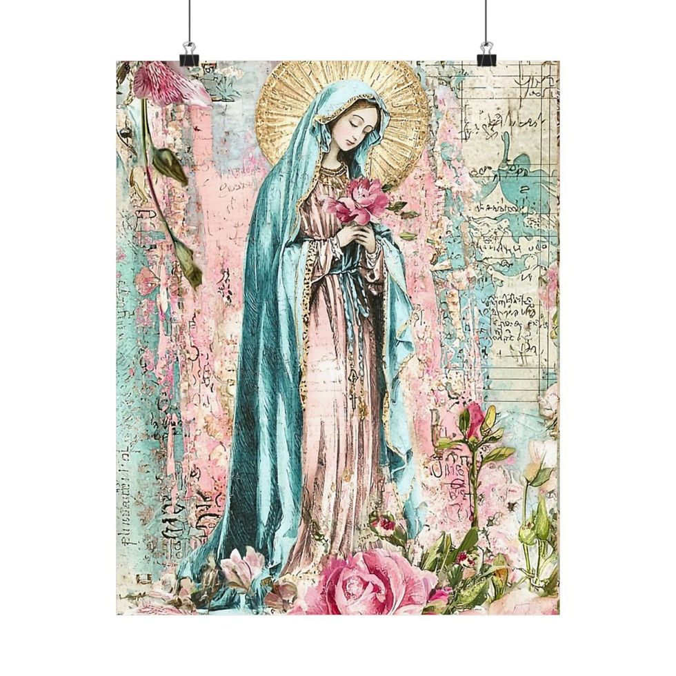 Thumbnail:  Shabby French Virgin Mary Print Praying Mother Mary Pink Roses Giclee Wall Art