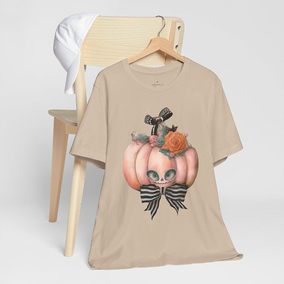 Thumbnail: Halloween T-Shirt Creepy Pumpkin Shabby Pink Roses Art Tee Trendy Apparel Gift