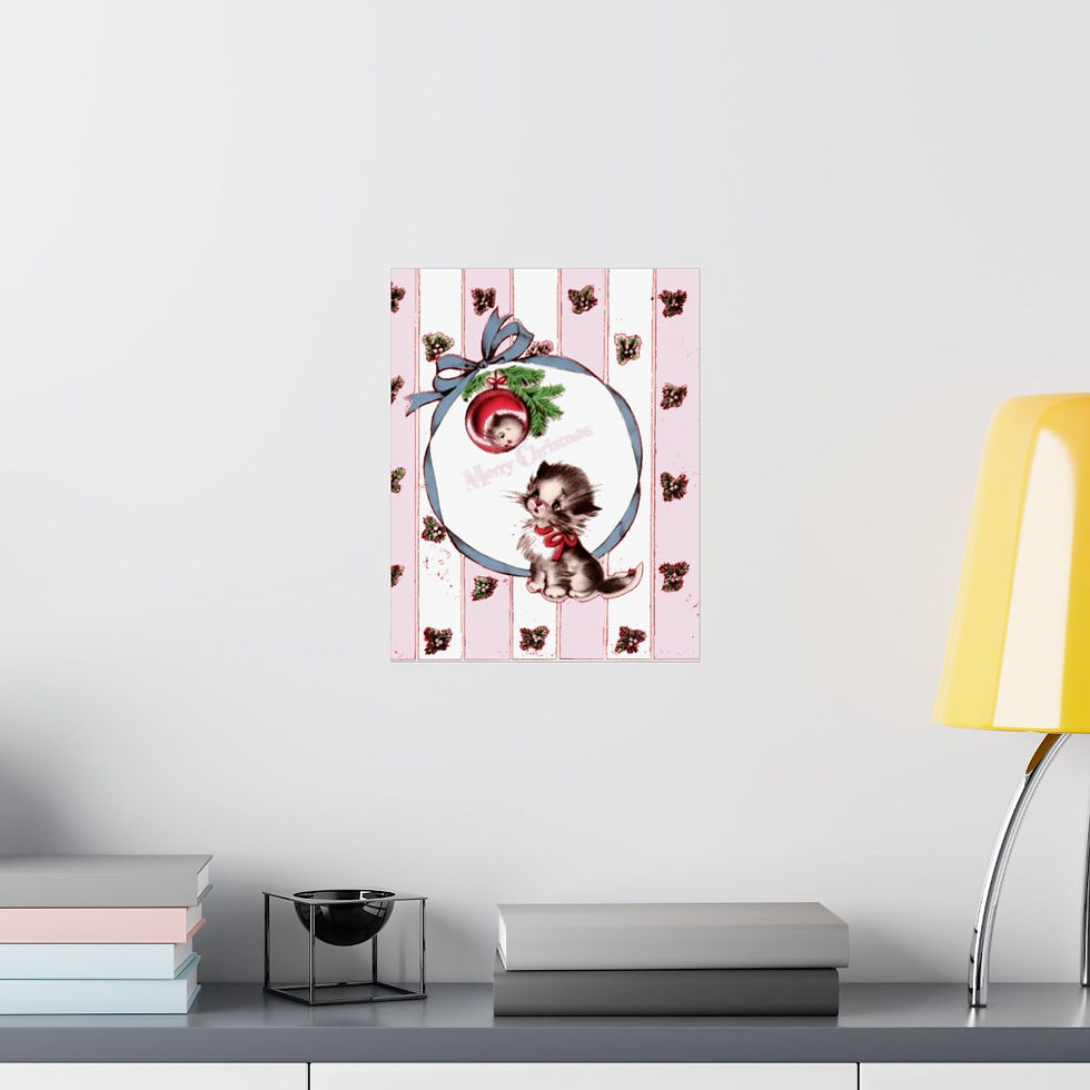 Thumbnail: Retro Christmas Kitten Art Print Pink Shabby Cat Holiday Wall Hanging Home Decor