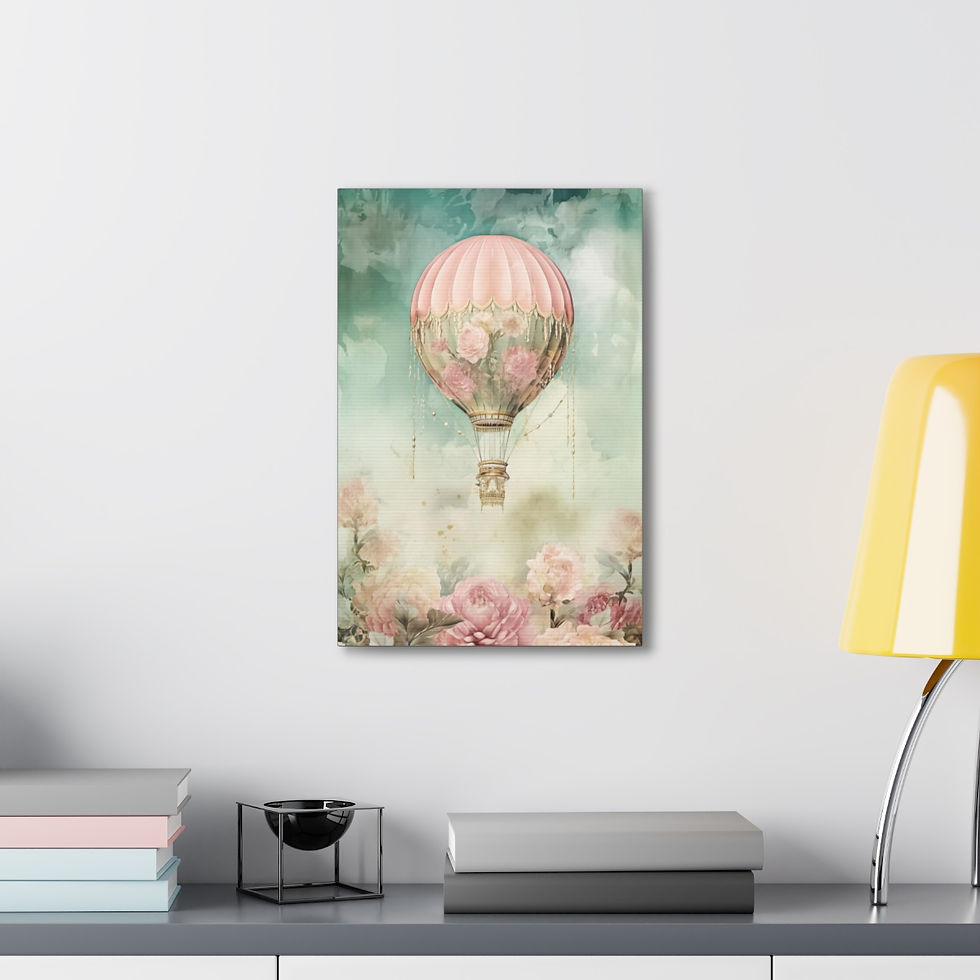 Thumbnail: Shabby French Canvas Art Green Pink Roses Hot Air Balloon Watercolor Home Decor 