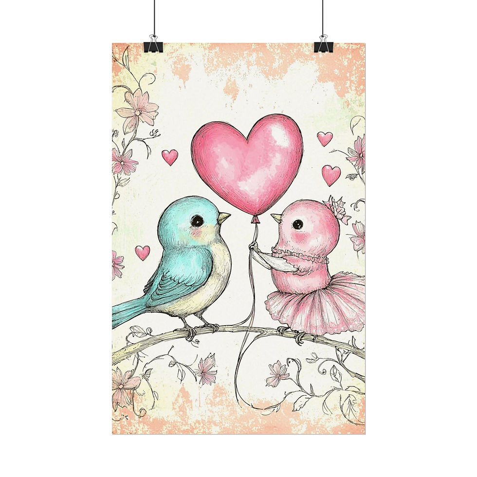 Thumbnail: Love Birds Watercolor Art Print Shabby Hearts Flowers French Country Bird Decor