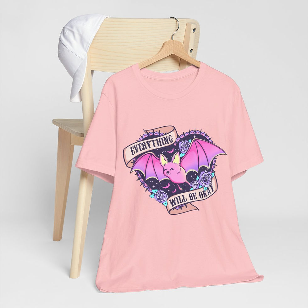 Thumbnail: Fun T-Shirt Everything Will Be Okay Pink Bat Art Tee Retro Apparel Artistic Gift