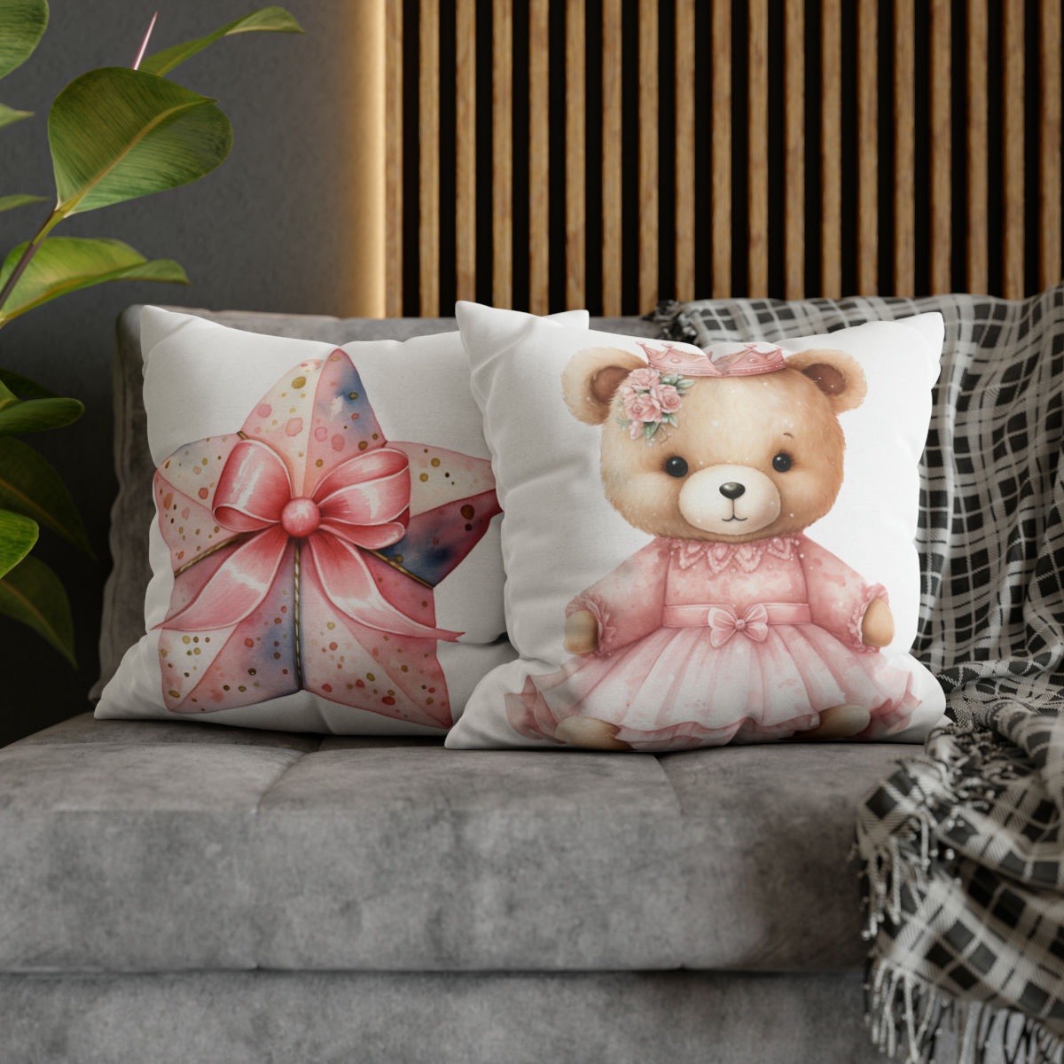 Artistic Pillow Cover Pink Bear Star Girls room Nursery Décor Throw Pillow Case