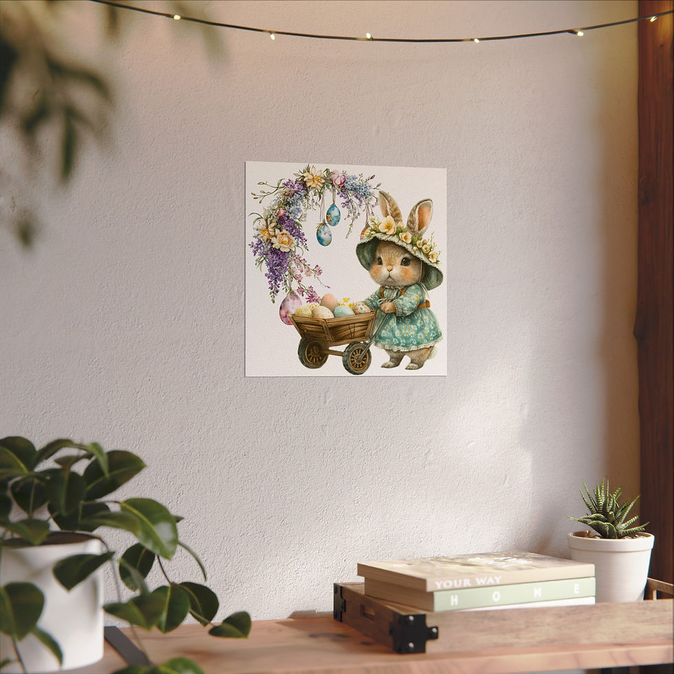 Thumbnail: Shabby Rabbit Watercolor Art Print Bunny w/ Basket of eggs Cottage Spring Decor 
