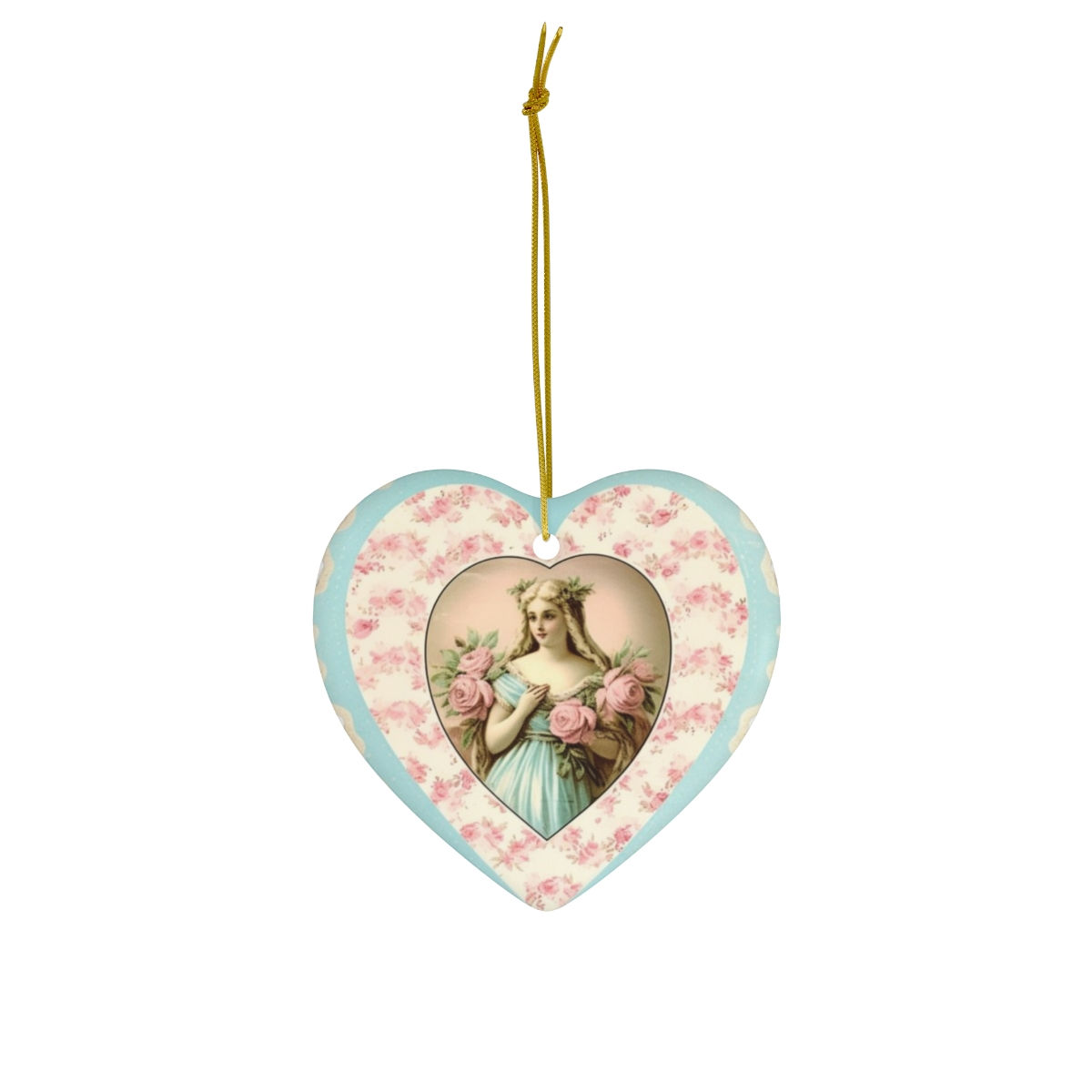 Shabby Woman Heart Ornament Pink Blue Pastel Cottage Roses Christmas Decor Gifts