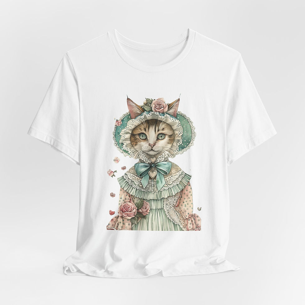Victorian Cat Art T-Shirt Shabby Mint & Pink Hat Roses Artistic Cat Lover Gift