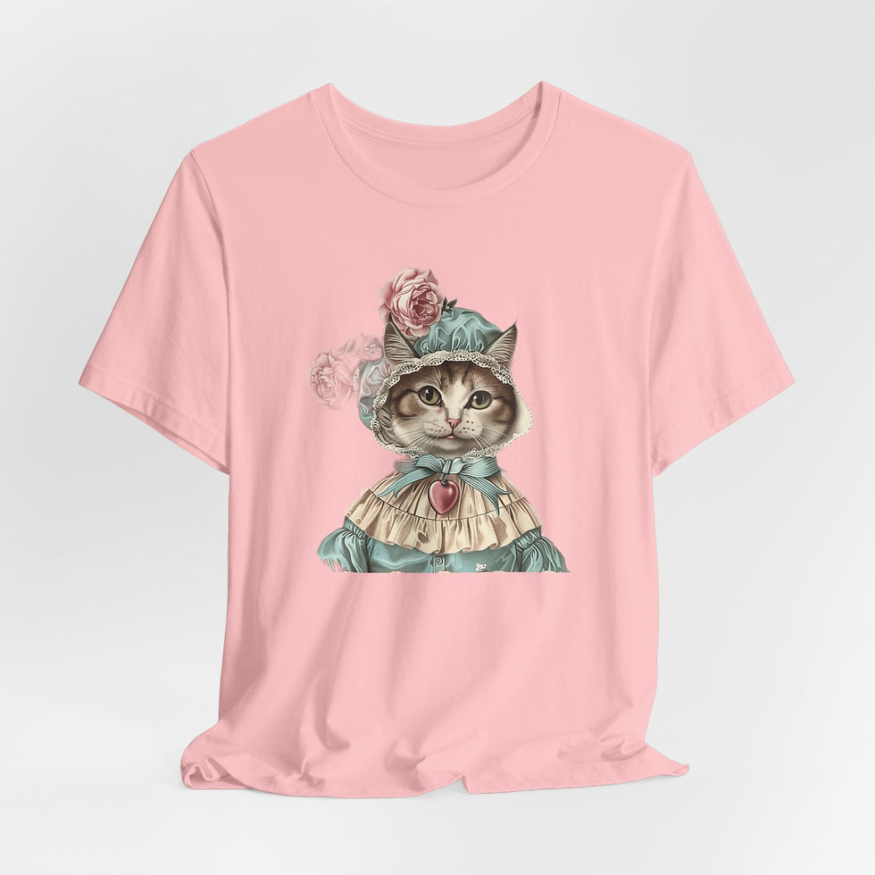 Thumbnail: Victorian Cat Art T-Shirt Shabby Mint & Pink Hat Roses Artistic Cat Lover Gift