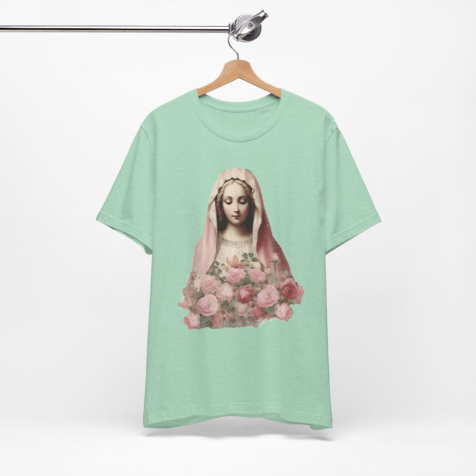 Thumbnail: Virgin Mary T-Shirt Shabby Pink Roses Ave Maria Art Tee Catholic Faith Gifts