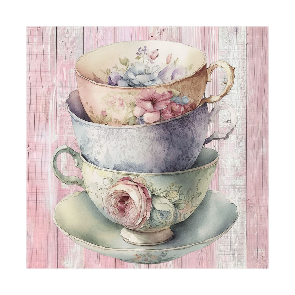 Thumbnail: Shabby Tea Art Print Pastel Pink Victorian Roses & Teacups Kitchen Wall Decor