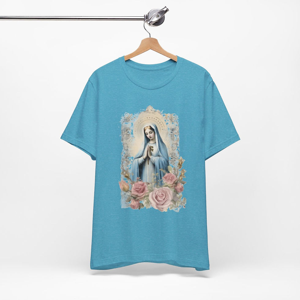 Thumbnail: Virgin Mary T-Shirt Shabby pink Roses Ave Maria Art Tee Catholic Faith Gifts