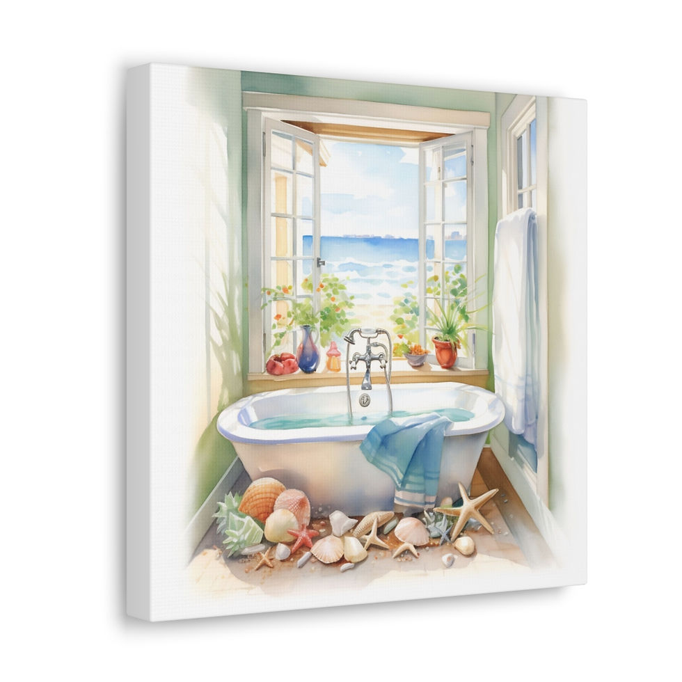 Thumbnail: Beachy Decor Bathroom Canvas Art Clawfoot Tub Ocean Beach Zen Watercolor Print