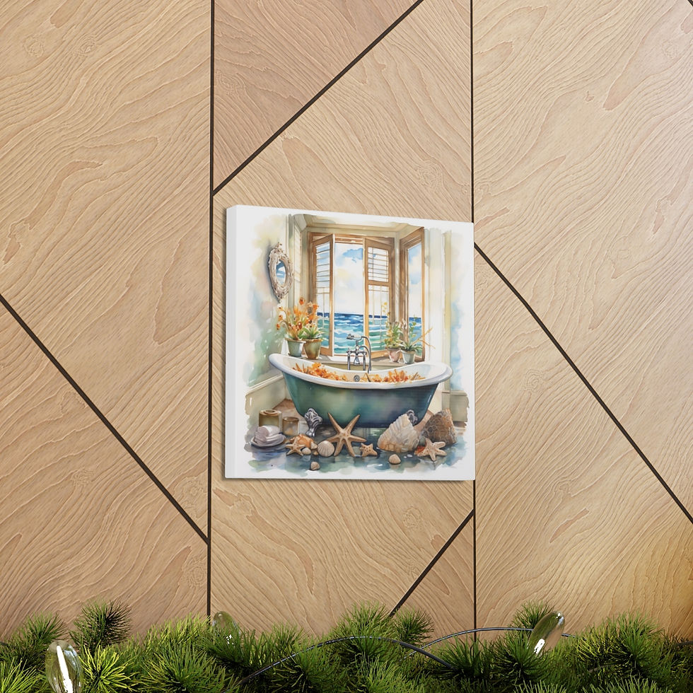 Thumbnail: Beachy Decor Bathroom Canvas Art Clawfoot Tub Sea Shells Beach Watercolor Print