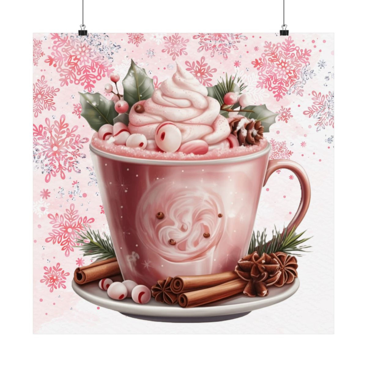 Shabby Victorian Christmas Art Print Pink Green Hot Cocoa Retro Kitchen Decor