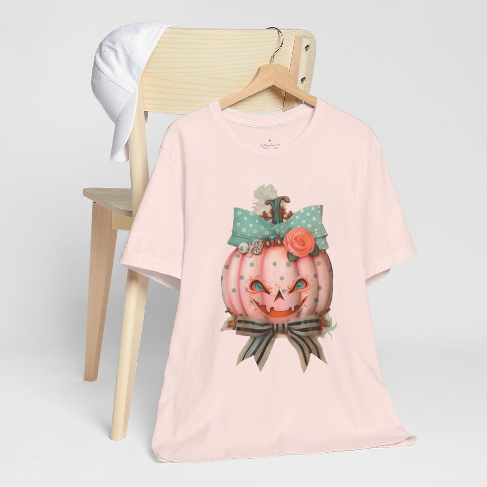 Thumbnail: Halloween T-Shirt Creepy Pumpkin Shabby Pink Roses Art Tee Trendy Apparel Gift