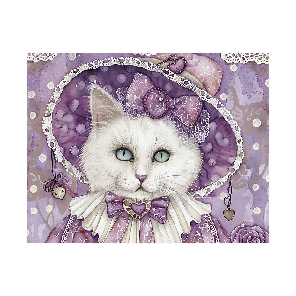 Thumbnail: Shabby Cat Art Print Victorian Kitty in Hat Pastel Purple Cat Lover Decor Gift