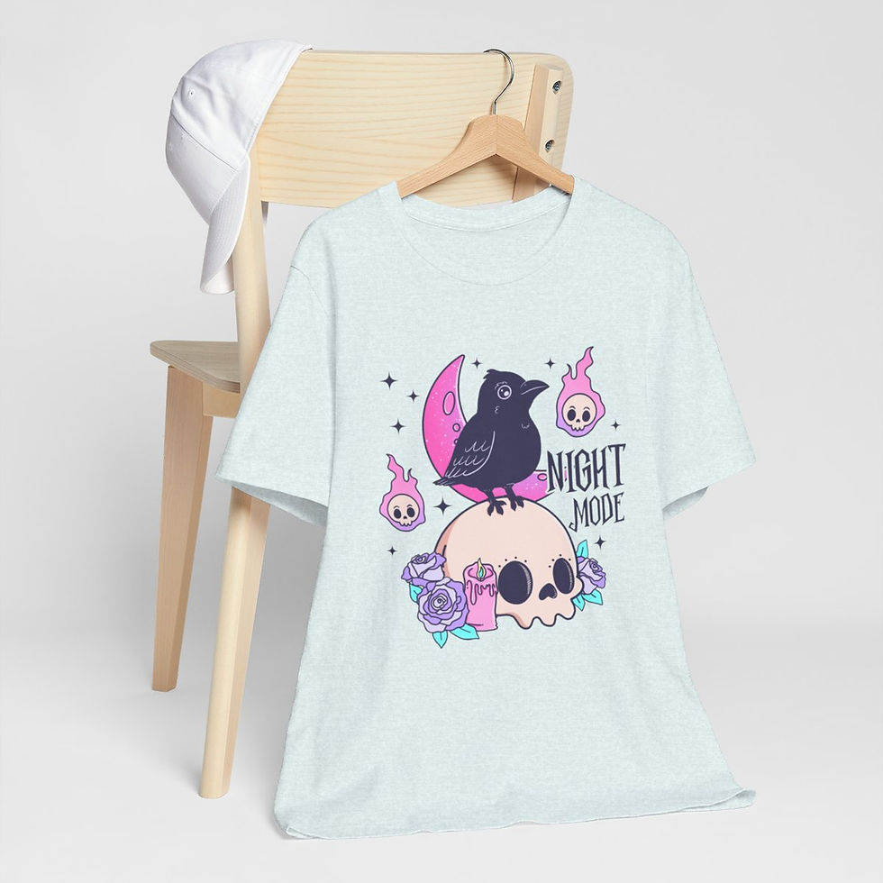 Thumbnail: Witchy T-Shirt Black Crow Skeleton Night Mode Art Tee Expressive Fun Gifts
