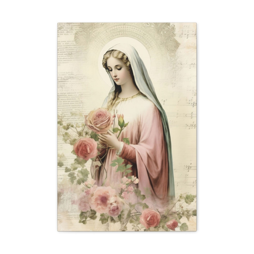 Thumbnail: Shabby Virgin Mary Canvas Art Vintage Green & Pink Roses Pastel Religious Decor