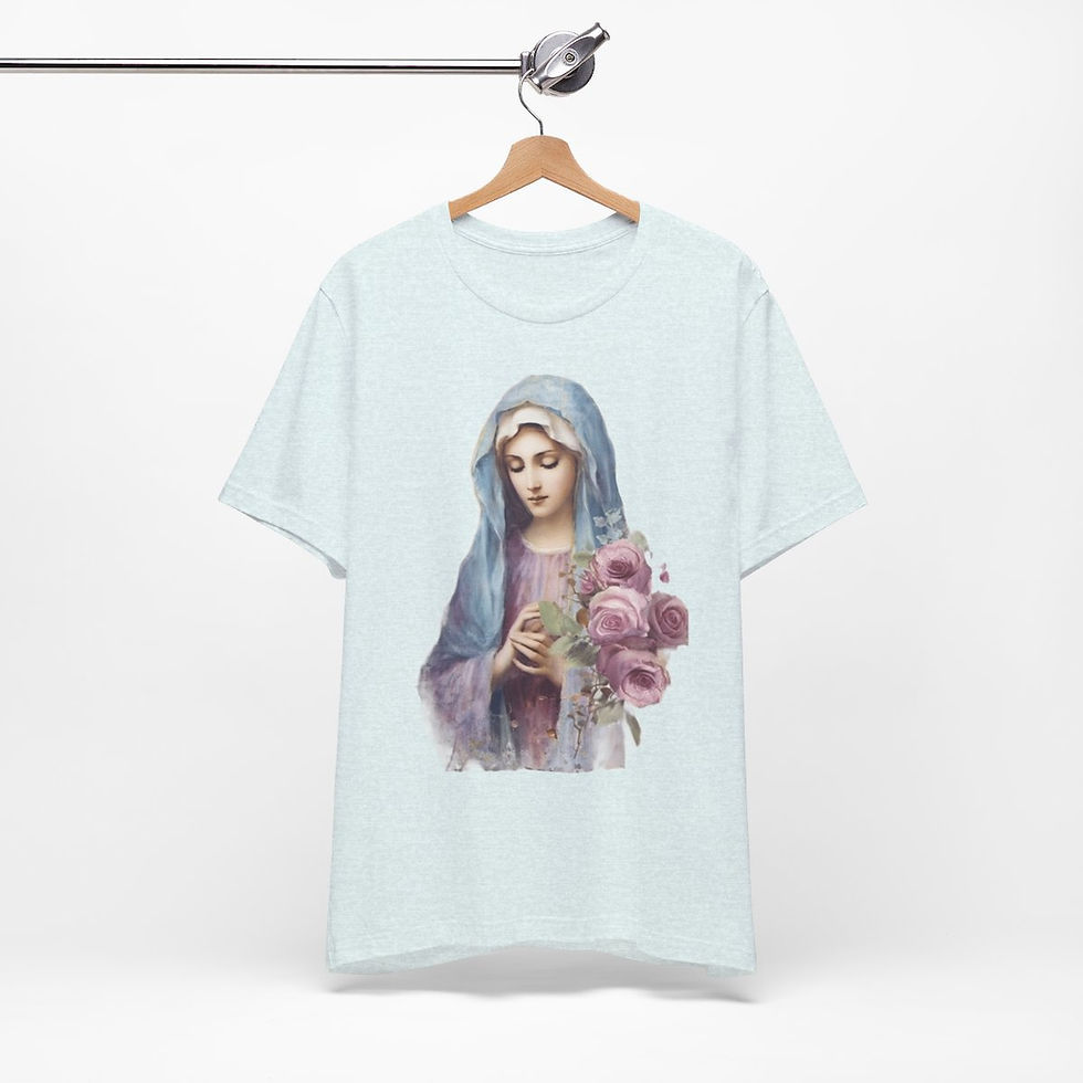 Thumbnail: Virgin Mary T-Shirt Shabby Pink Roses Ave Maria Art Tee Catholic Faith Gift