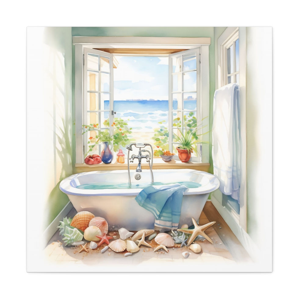 Thumbnail: Beachy Decor Bathroom Canvas Art Clawfoot Tub Ocean Beach Zen Watercolor Print