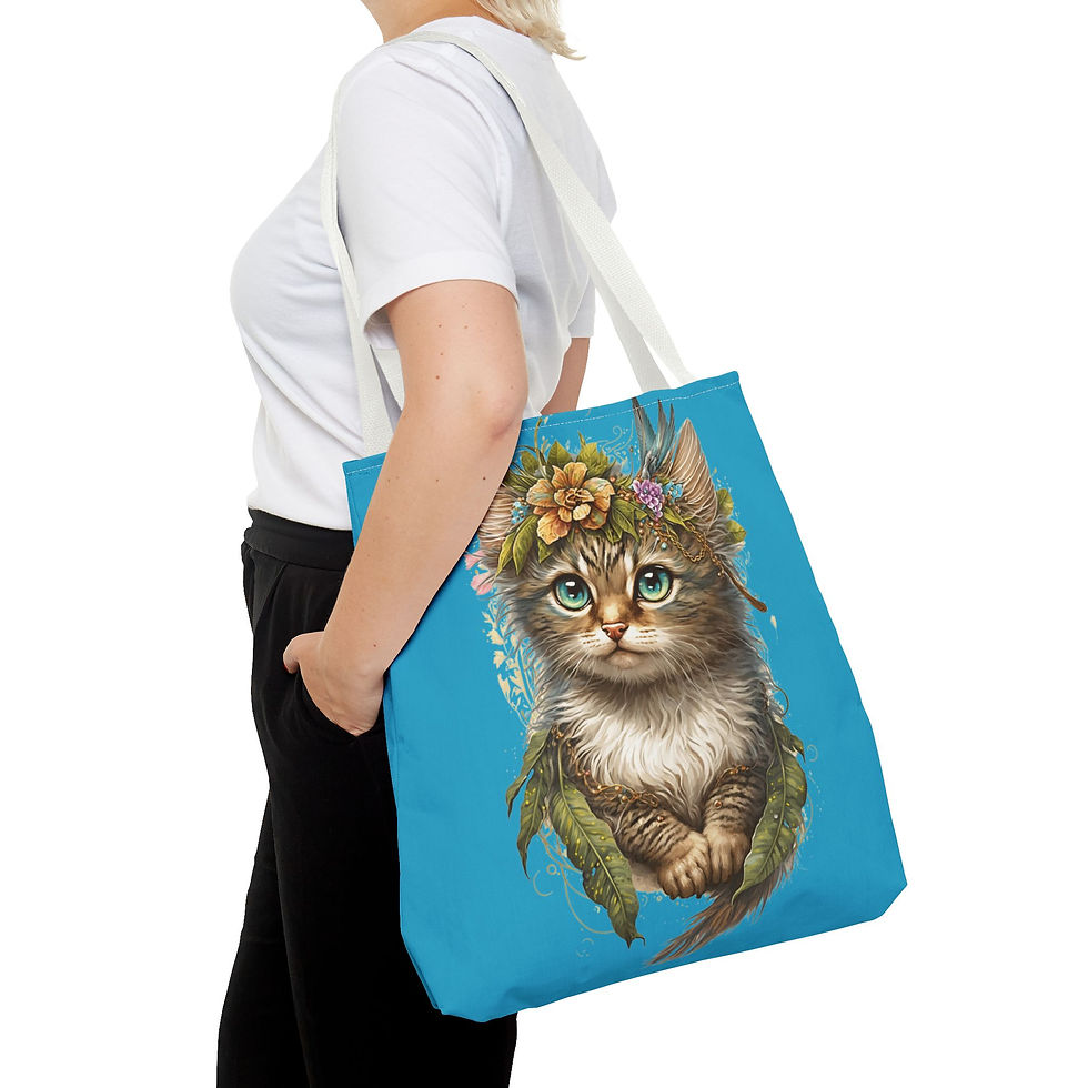 Thumbnail: Boho Cat Tote Bag Shabby Kitten Adorned in Flowers Cat Lover Expressive Gift