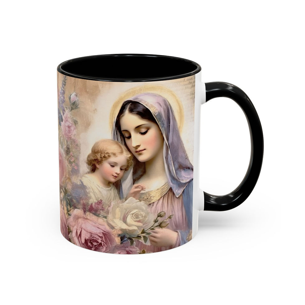 Thumbnail: Shabby Chic Virgin Mary Coffee Mug Pastel Art Mug Pink Roses Catholic Faith Gift