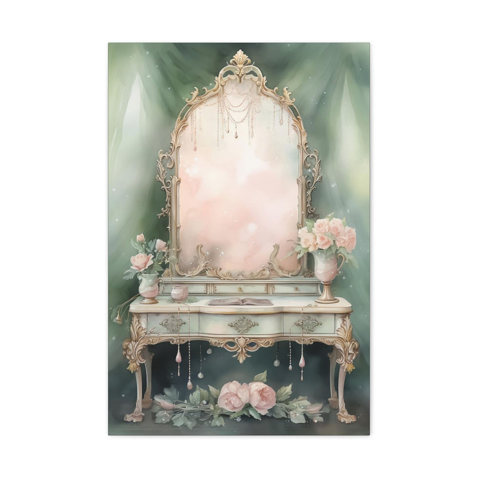Thumbnail: Shabby Boudoir Canvas Art Pink Green Dressing Table Watercolor Bed & Bath Decor
