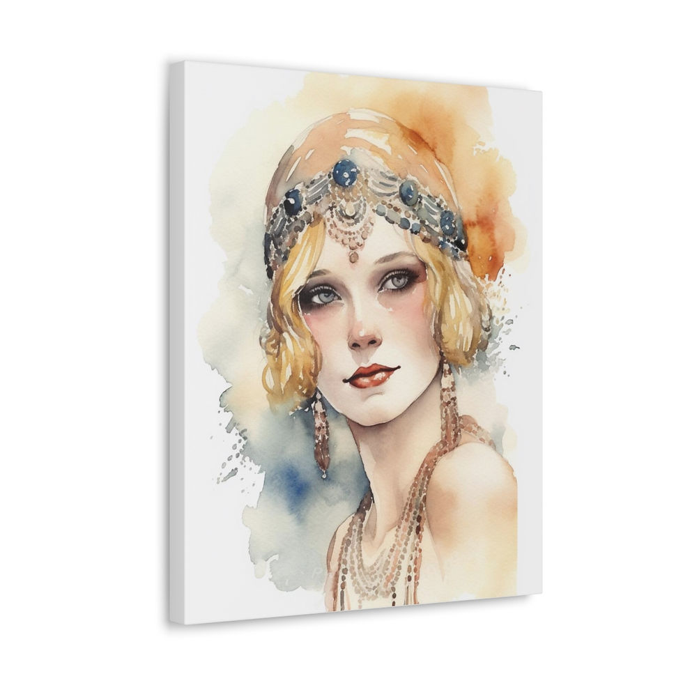 Thumbnail: Art Deco Watercolor Boho Flapper Artwork Canvas Gallery Wrap French Wall Decor 