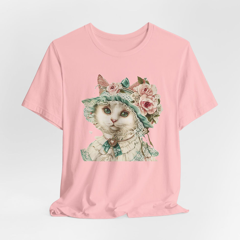 Thumbnail: Victorian Cat Art T-Shirt Shabby Mint & Pink Hat Roses Artistic Cat Lover Gift