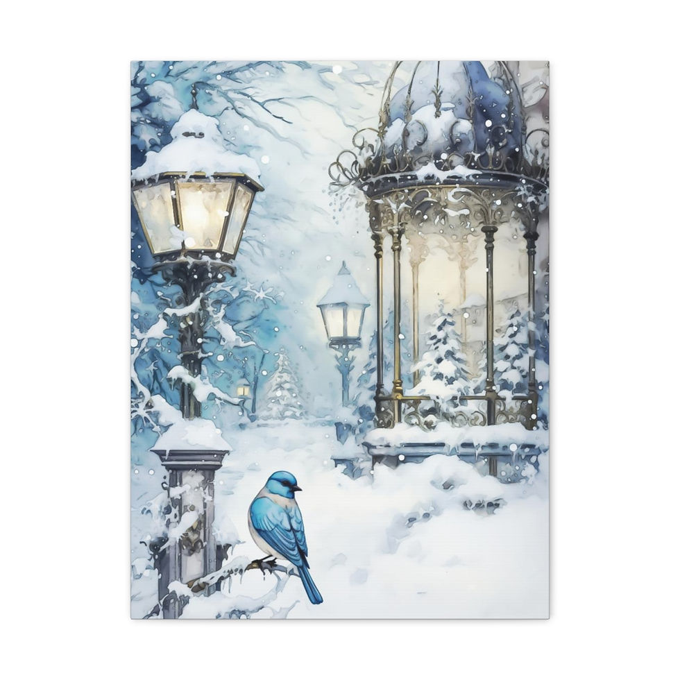 Thumbnail: Snowy Gazebo Blue Bird Canvas Art Pastel Canvas Print Home Decor