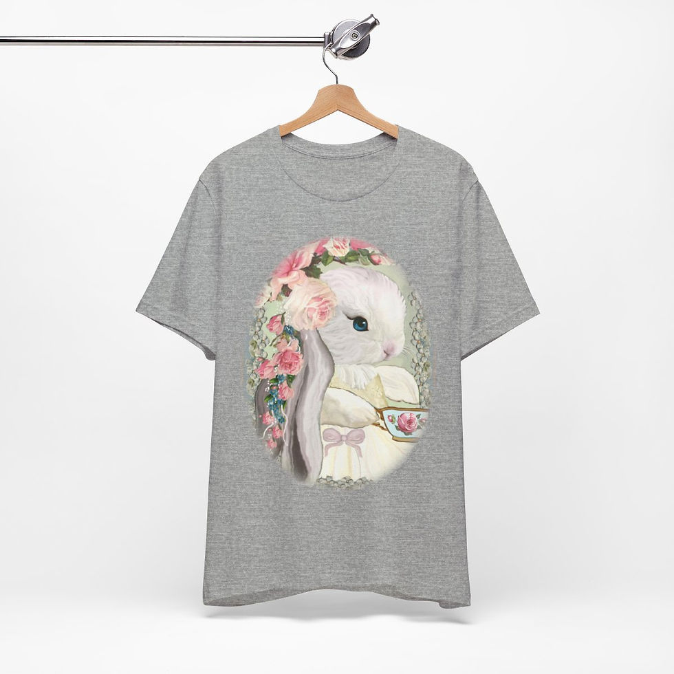 Thumbnail: Shabby Bunny having Tea T-Shirt Pink Roses Chic  Art Tee Artistic Apparel & Gift
