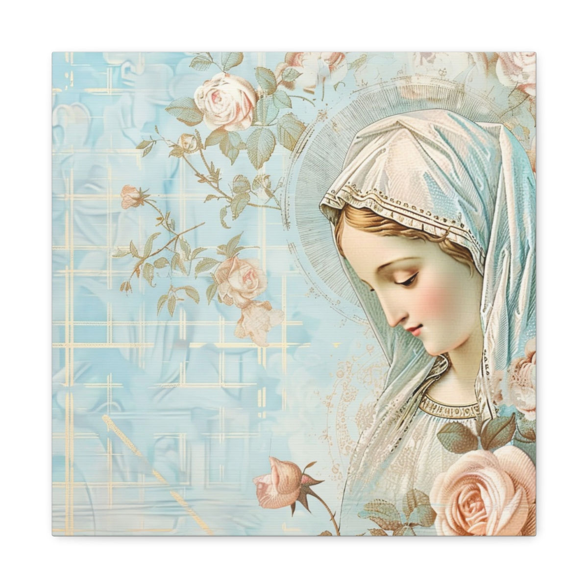 Shabby Virgin Mary Canvas Art French Country Wall Decor Pastel Blue White Pink