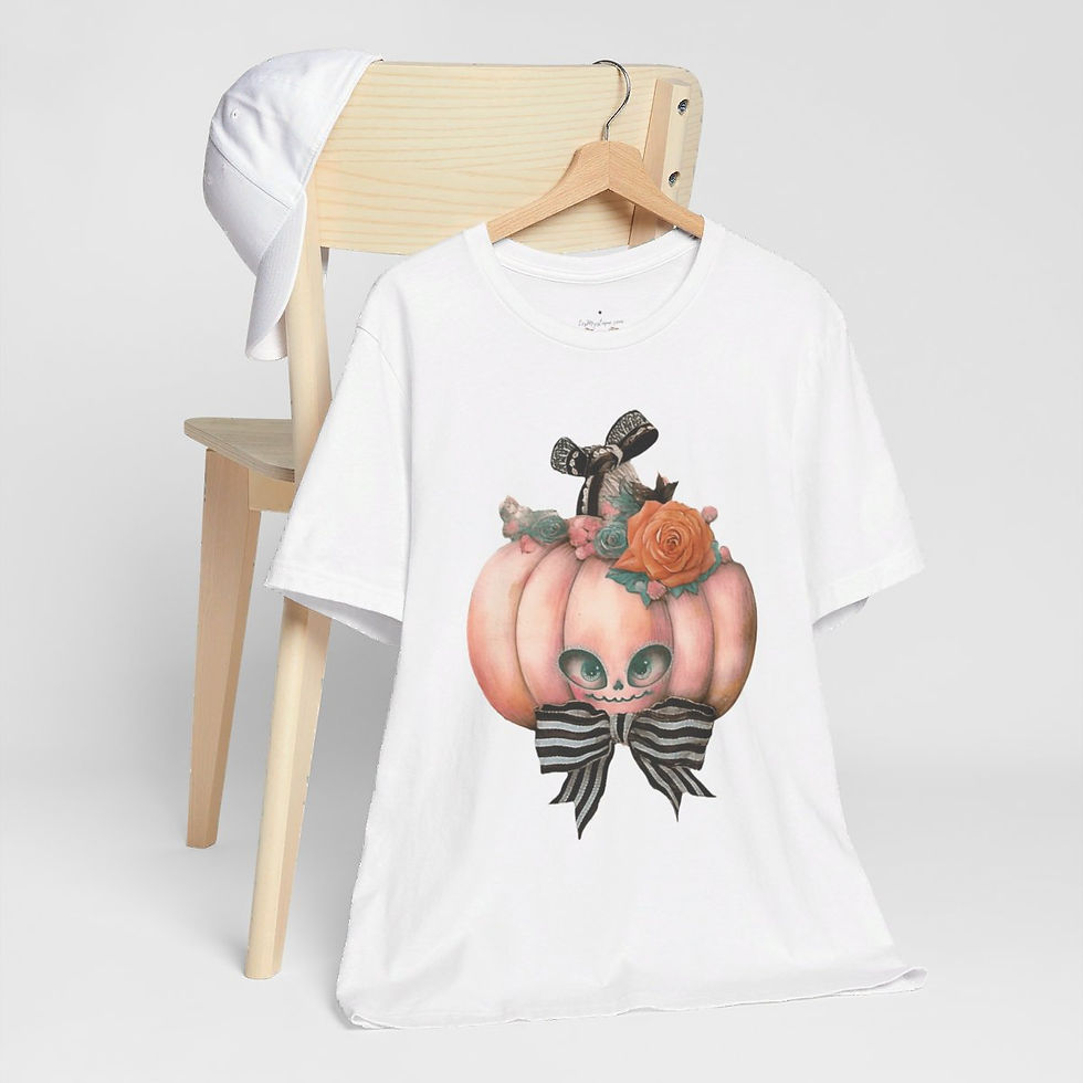 Thumbnail: Halloween T-Shirt Creepy Pumpkin Shabby Pink Roses Art Tee Trendy Apparel Gift