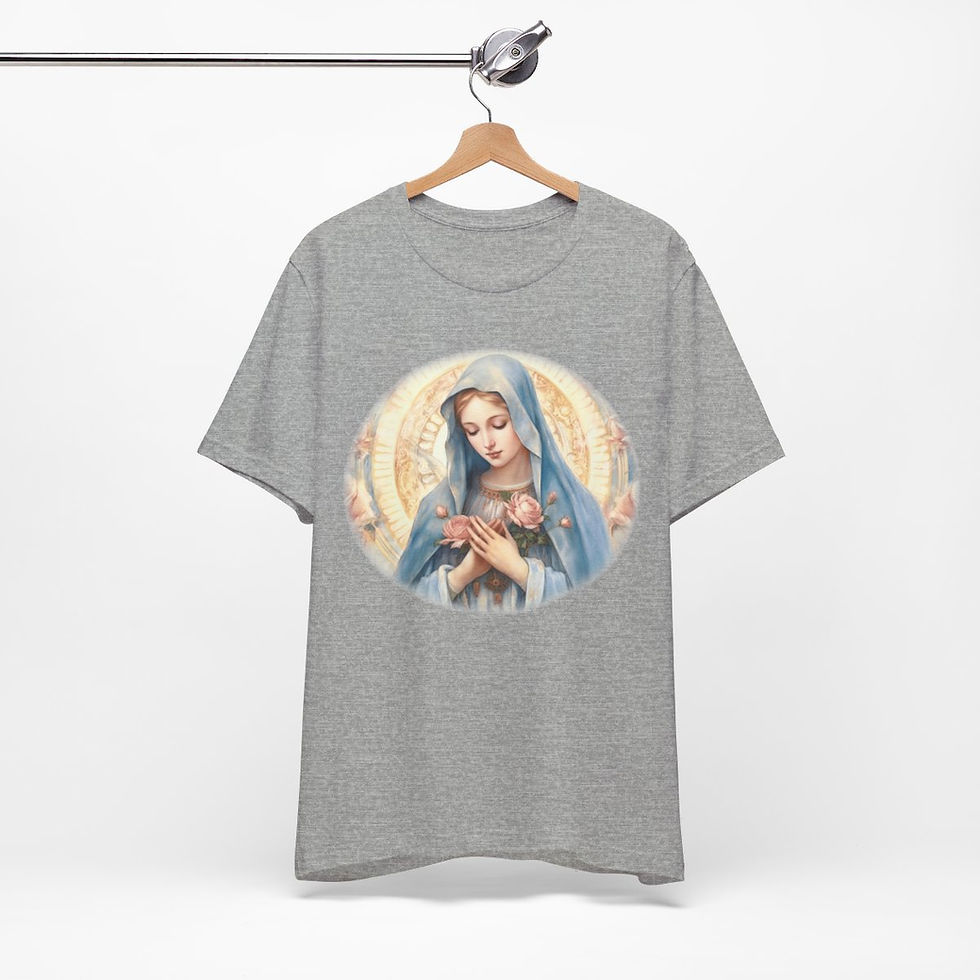Thumbnail: Virgin Mary T-Shirt Pink Rose Shabby Lady of Sorrows Art Tee Catholic Faith Gift