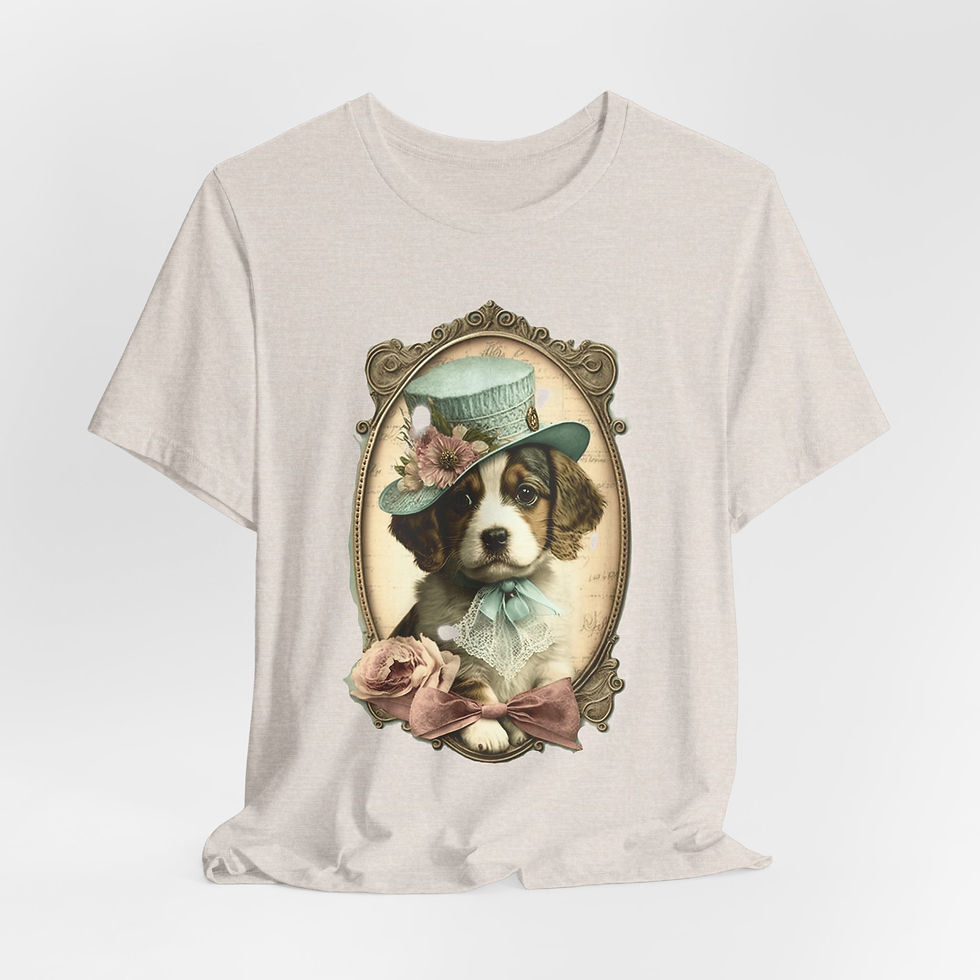 Thumbnail: Victorian Dog T-Shirt Shabby Dog in Hat Pink Roses Artistic Gift Dog Lover Tee