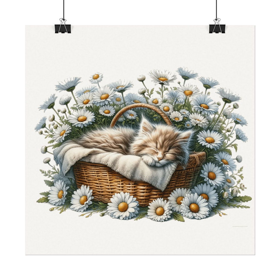 Thumbnail: Shabby Cat Watercolor Art Print Sleeping Kitten Daisy Flowers Wall Decor