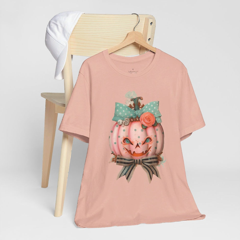Thumbnail: Halloween T-Shirt Creepy Pumpkin Shabby Pink Roses Art Tee Trendy Apparel Gift