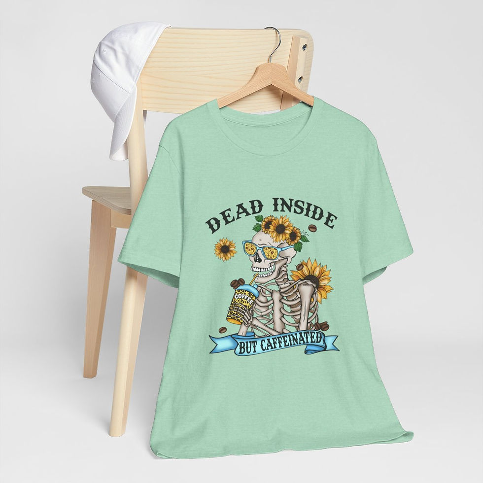 Thumbnail: Artistic T-Shirt Coffee Drinking Skeleton Dead Inside Wearable Art Unique Gifts