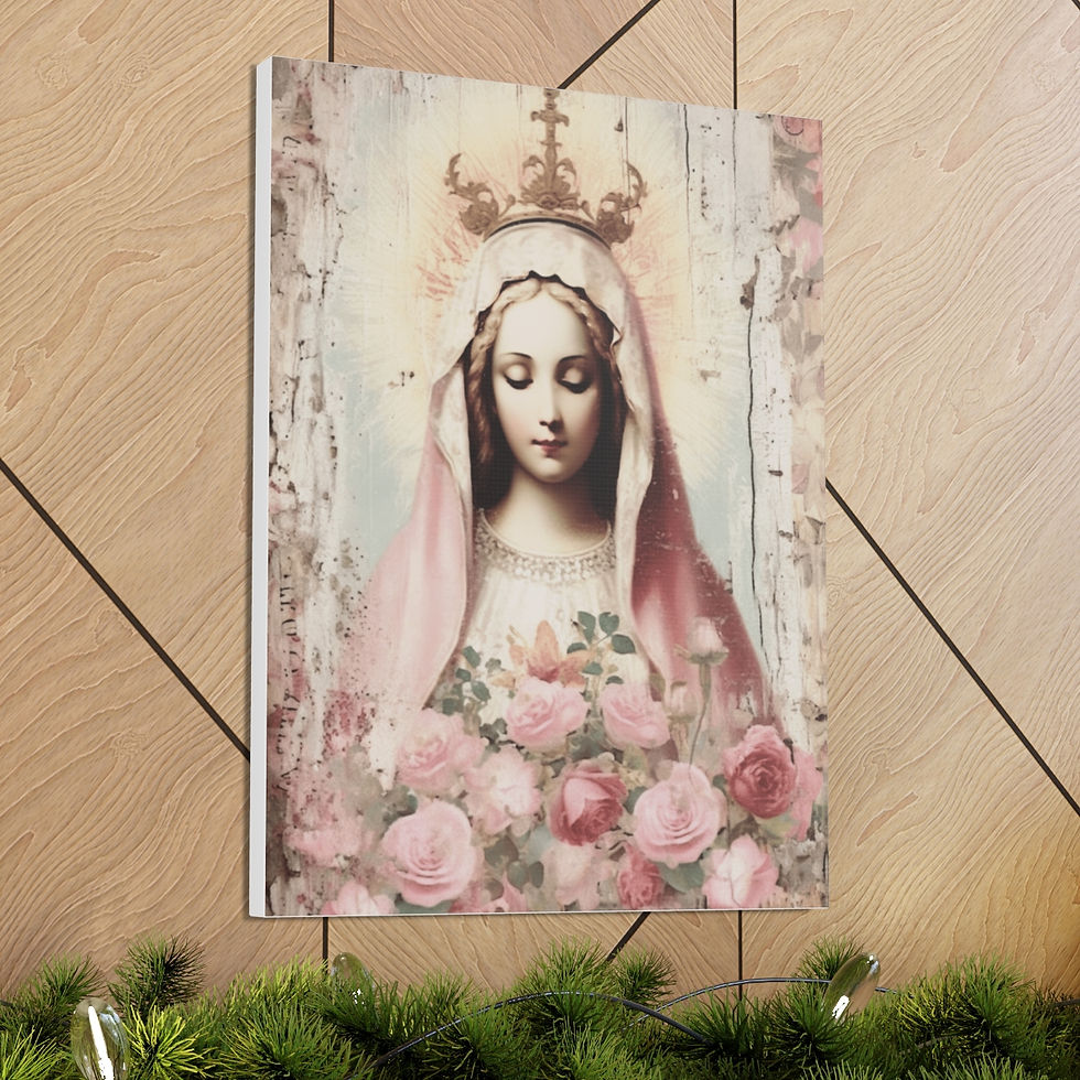 Thumbnail: Shabby Virgin Mary Canvas Art Vintage Style Pink Roses Pastel Religious Decor