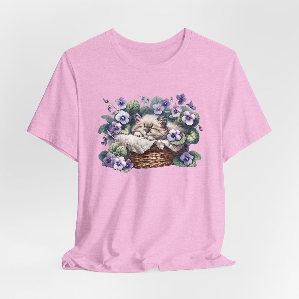 Thumbnail: Cat Lover Art T-Shirt Shabby Sleeping Kitten Purple Flowers Artistic gift
