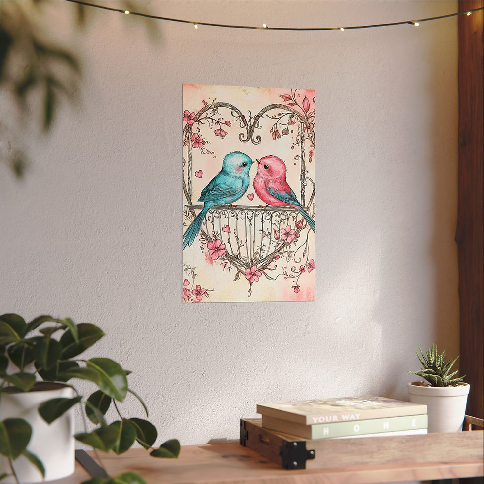 Thumbnail: Love Birds Watercolor Art Print Shabby French Country Decor Pastel Pink & Blue