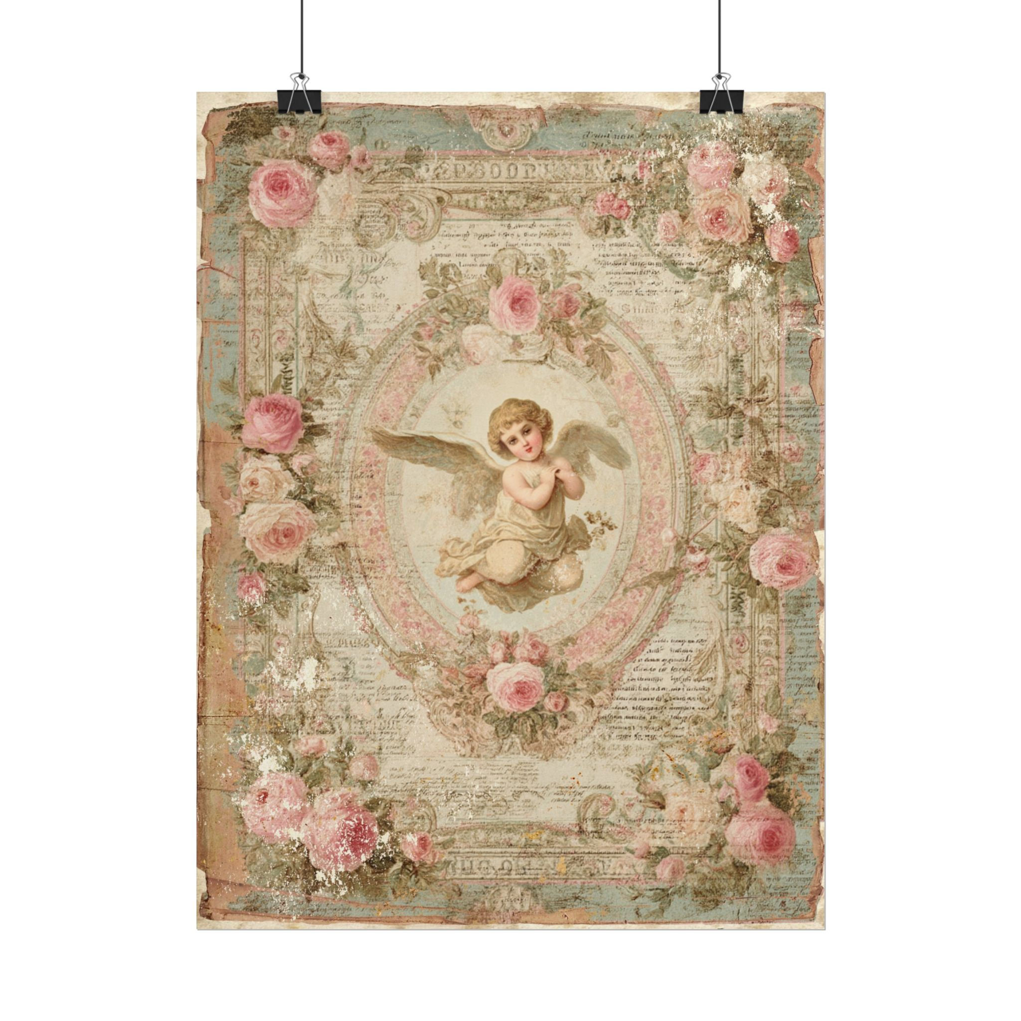 Victorian Angel Art Print - Vintage Shabby Chic Pink Giclee, Peaceful Wall Decor